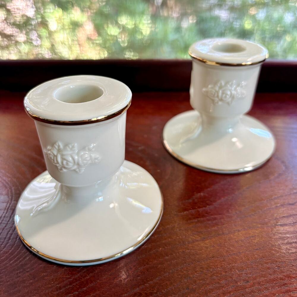 Vintage Lenox Rose Blossom Candlesticks Pair Ivory 24K Gold Trim USA